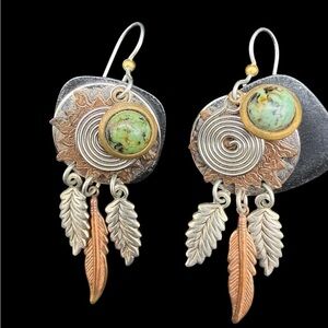Vintage Handcrafted Green Turquoise & Mixed Metal Feather Drop Earrings